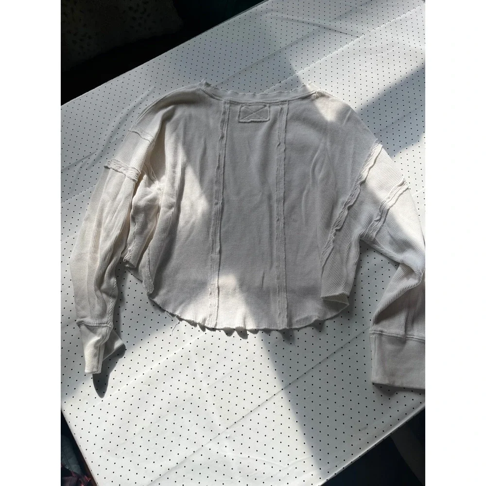 Free People We The Free Thermal Top S Ivory Waffle Knit Raw Seam OB1585986